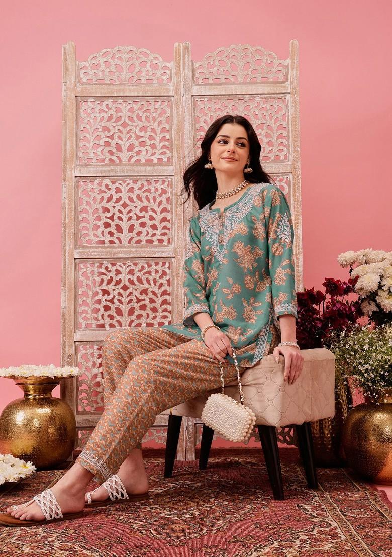 Green Printed Poly Blend Co Ord Set - Indya