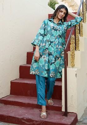 Teal Blue Printed Cotton Co Ord Set