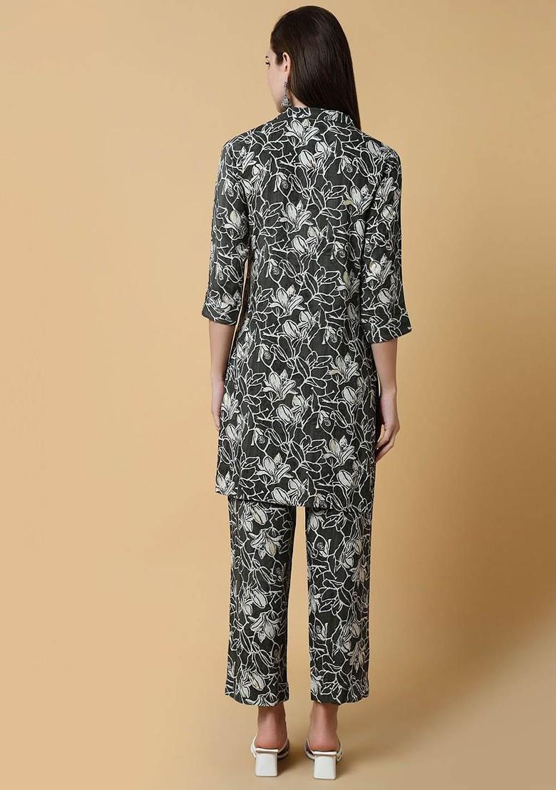 Green Printed Poly Blend Co Ord Set - Indya