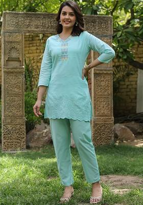 Turquoise Blue Printed Cotton Co Ord Set