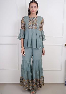 Green Printed Poly Blend Co Ord Set