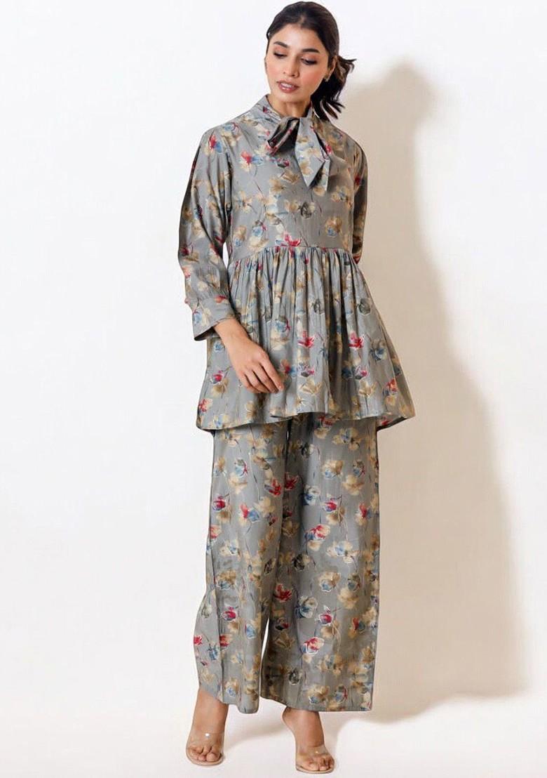 Grey Printed Poly Blend Co Ord Set - Indya