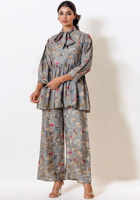 Grey Printed Poly Blend Co Ord Set