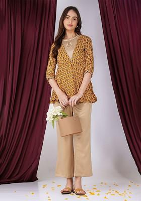 Yellow Printed Poly Blend Co Ord Set