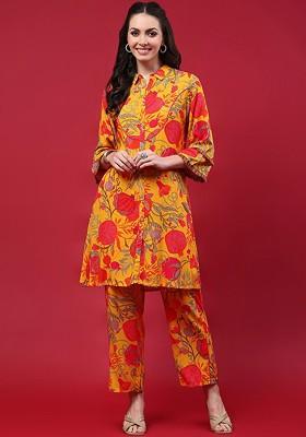 Mustard Yellow Printed Poly Blend Co Ord Set