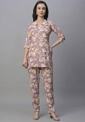 Purple Printed Poly Blend Co Ord Set