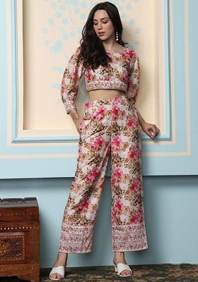 White Printed Poly Blend Co Ord Set