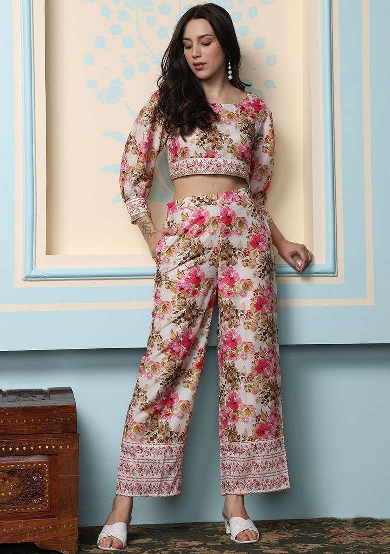 White Printed Poly Blend Co Ord Set - Indya