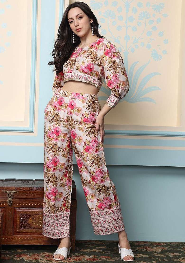 White Printed Poly Blend Co Ord Set - Indya