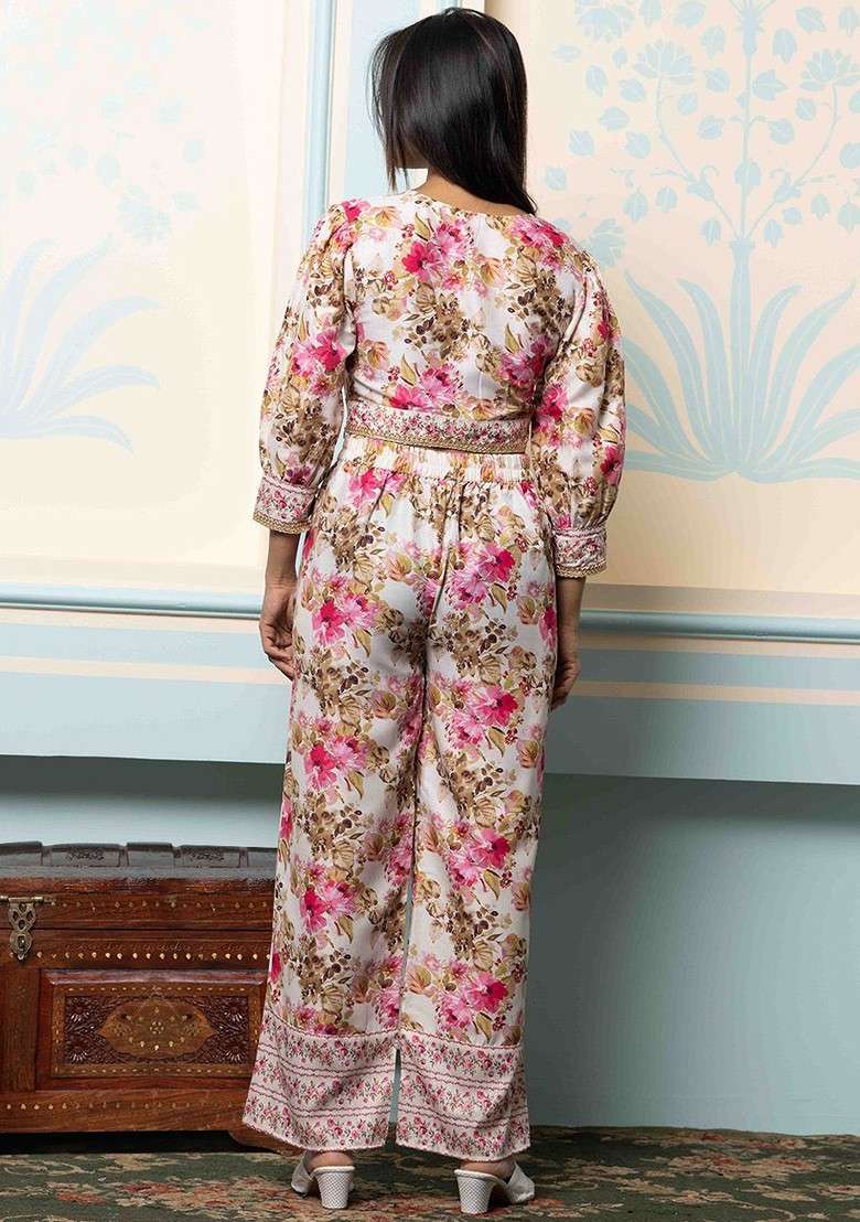 White Printed Poly Blend Co Ord Set - Indya