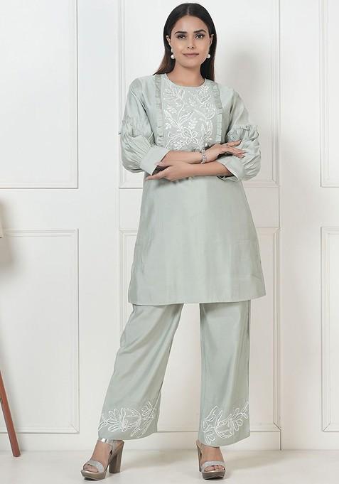 Sea Green Printed Poly Blend Co Ord Set — view on Indya