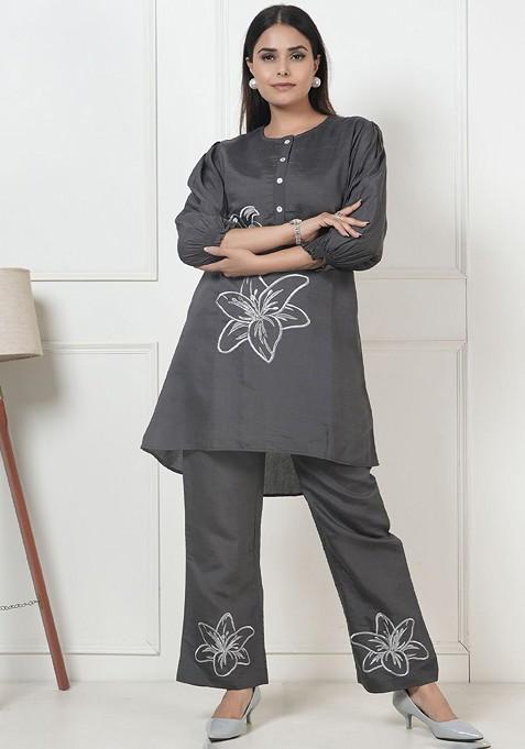 Grey Printed Poly Blend Co Ord Set