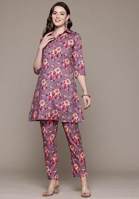 Purple Printed Cotton Co Ord Set