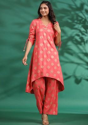 Peach Printed Cotton Co Ord Set