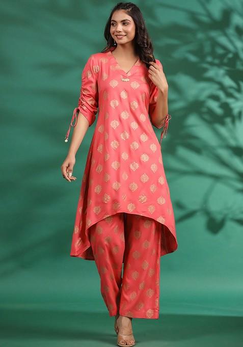 Peach Printed Cotton Co Ord Set