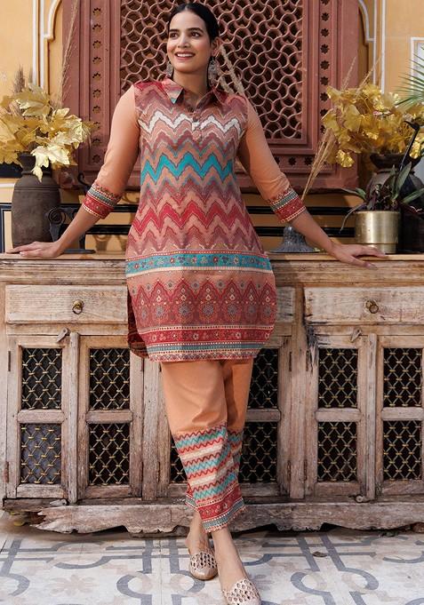 Rust Printed Tunic And Trouser Coord Set