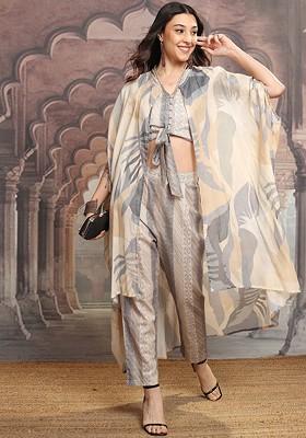 Grey Grey And Beige Floral Printed V Neck Pure Cotton Crop Top With Trousers And Jacket