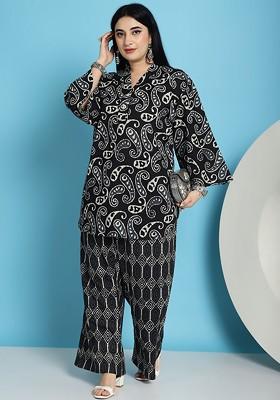 Black Plus Size Paisley Printed Mandarin Collar Pure Cotton Tunic With Palazzos