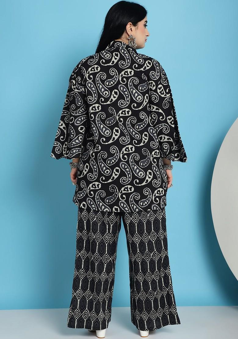Black Plus Size Paisley Printed Mandarin Collar Pure Cotton Tunic With Palazzos