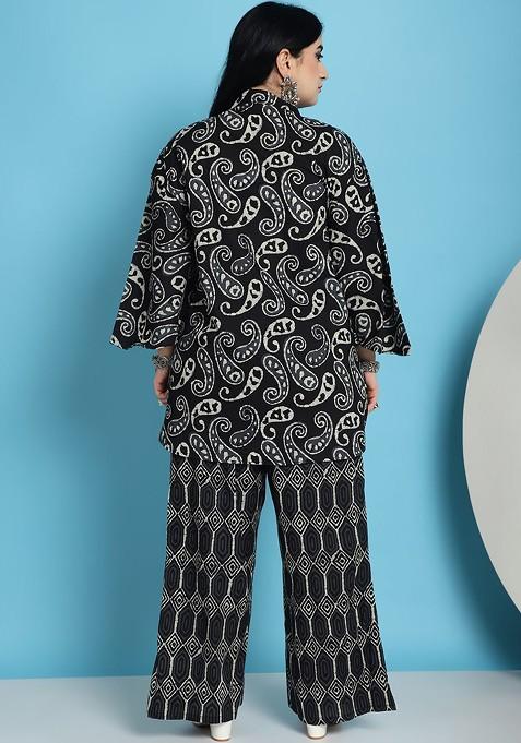 Black Plus Size Paisley Printed Mandarin Collar Pure Cotton Tunic With Palazzos
