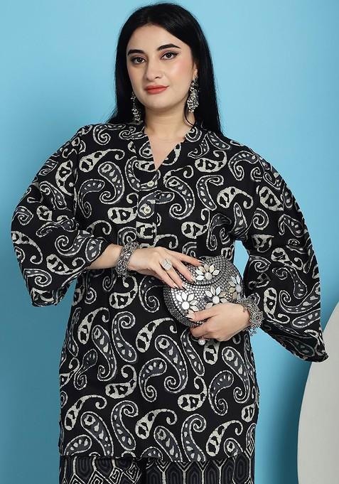 Black Plus Size Paisley Printed Mandarin Collar Pure Cotton Tunic With Palazzos