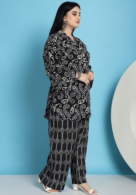 Black Plus Size Paisley Printed Mandarin Collar Pure Cotton Tunic With Palazzos