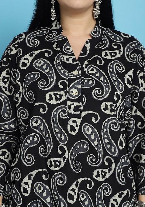 Black Plus Size Paisley Printed Mandarin Collar Pure Cotton Tunic With Palazzos
