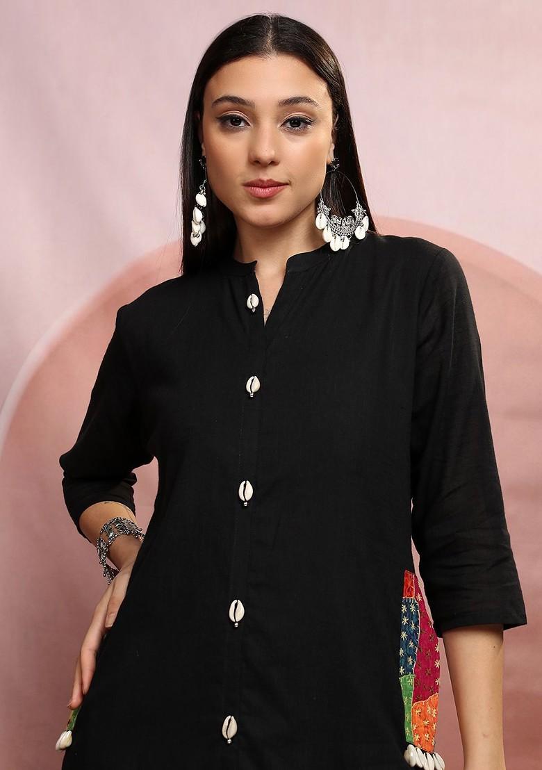 Black Black Mandarin Collar Pure Cotton Tunic With Trousers