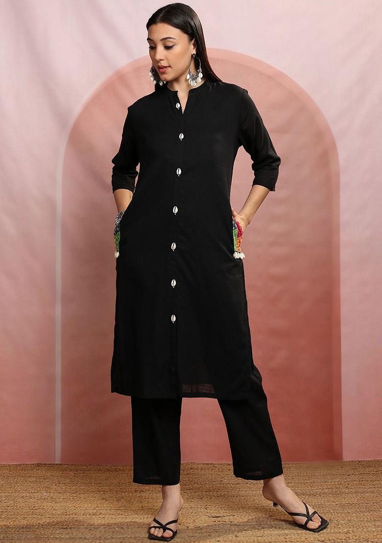 Black Black Mandarin Collar Pure Cotton Tunic With Trousers
