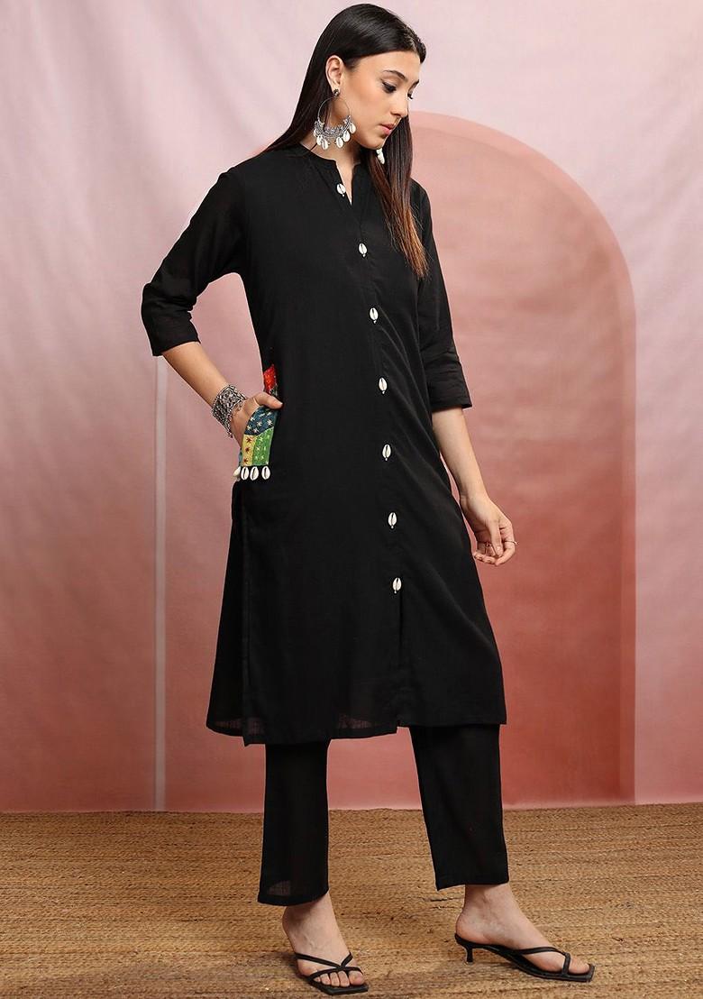 Black Black Mandarin Collar Pure Cotton Tunic With Trousers