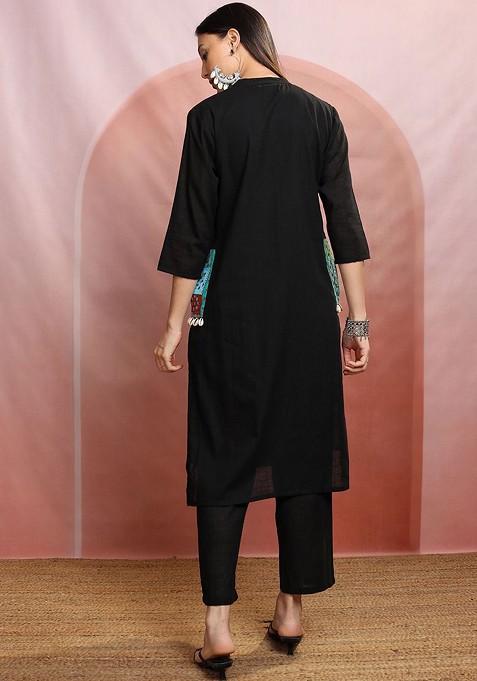 Black Black Mandarin Collar Pure Cotton Tunic With Trousers