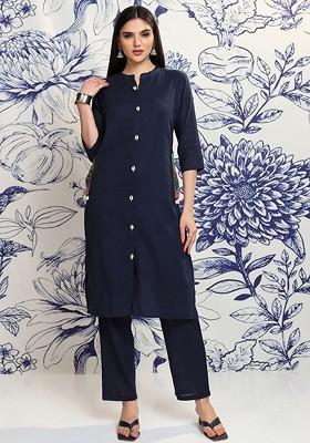 Navy Blue Navy Blue Sea Shell Button Mandarin Collar Pure Cotton Tunic With Trousers