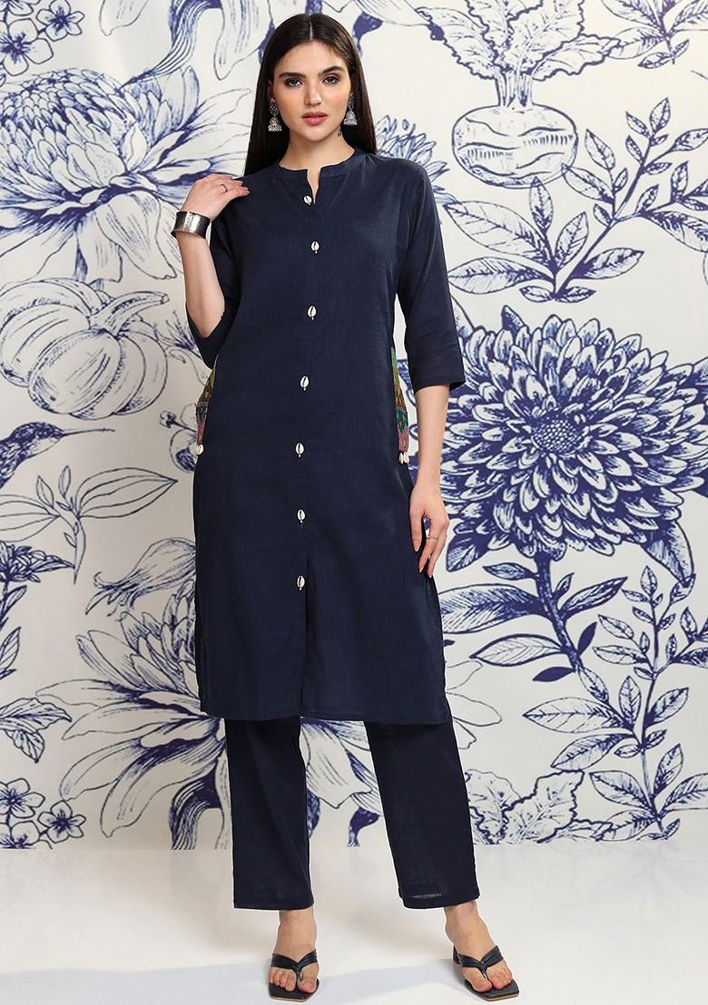 Navy Blue Navy Blue Sea Shell Button Mandarin Collar Pure Cotton Tunic With Trousers