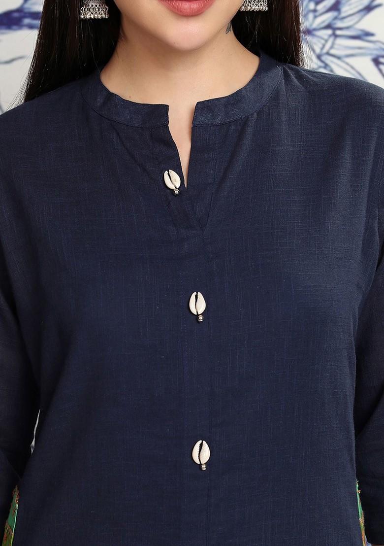 Navy Blue Navy Blue Sea Shell Button Mandarin Collar Pure Cotton Tunic With Trousers