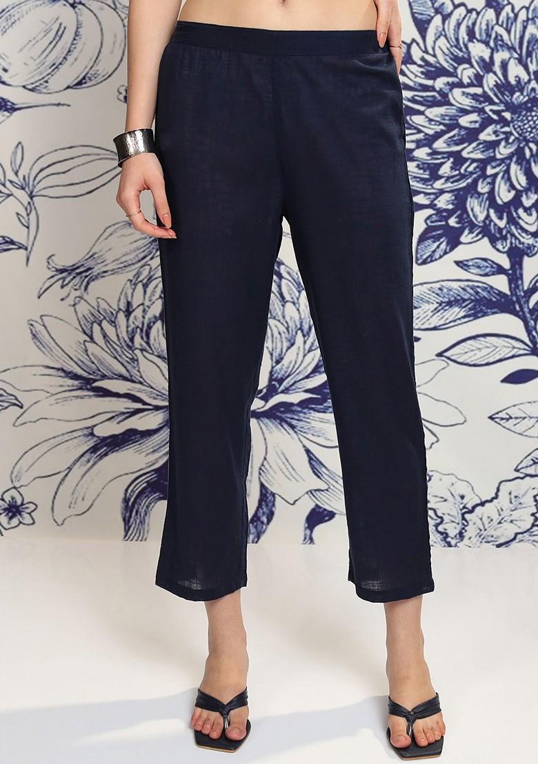 Navy Blue Navy Blue Sea Shell Button Mandarin Collar Pure Cotton Tunic With Trousers