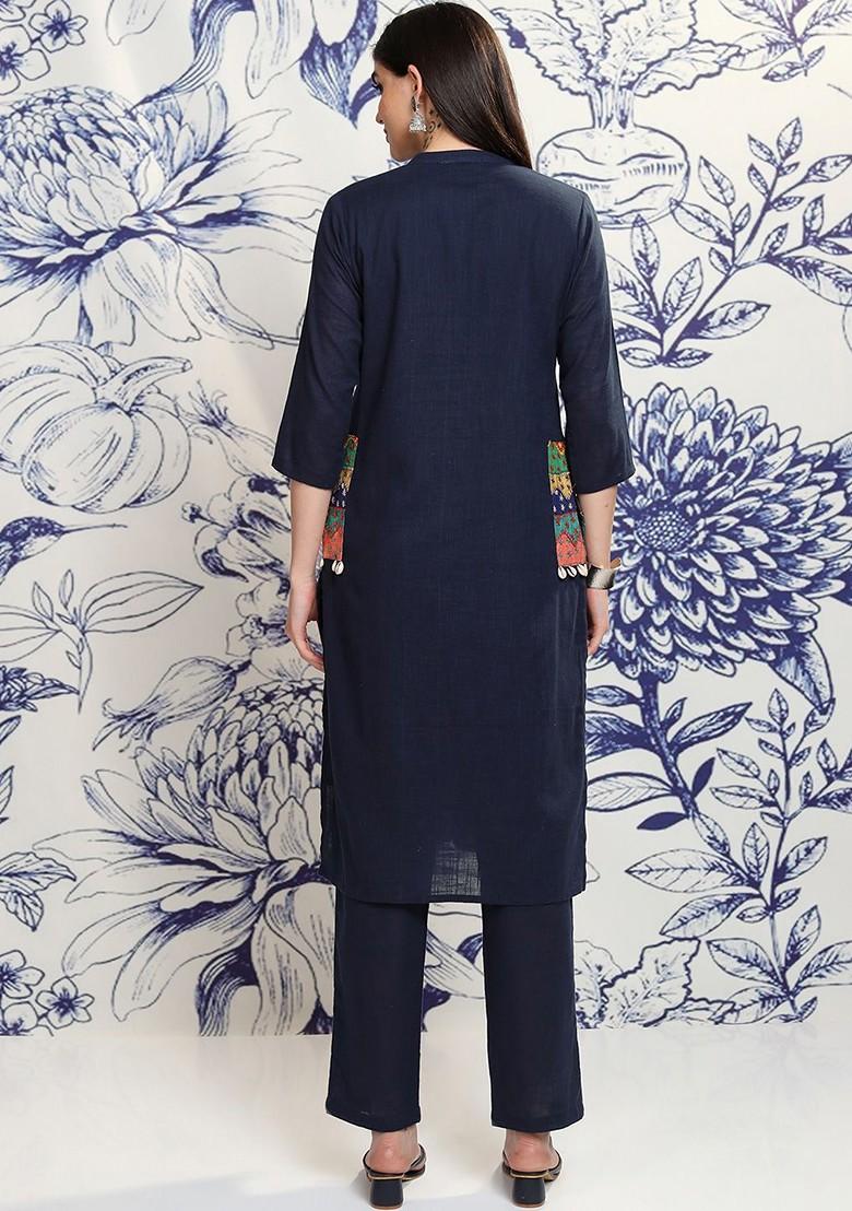 Navy Blue Navy Blue Sea Shell Button Mandarin Collar Pure Cotton Tunic With Trousers