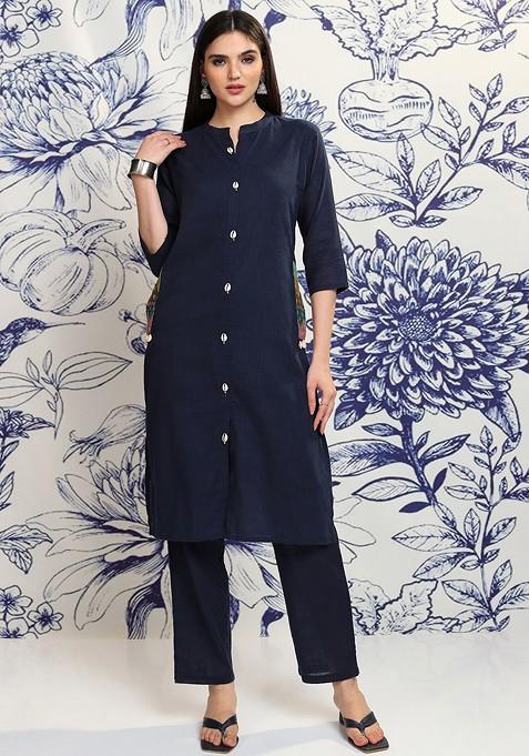 Navy Blue Navy Blue Sea Shell Button Mandarin Collar Pure Cotton Tunic With Trousers
