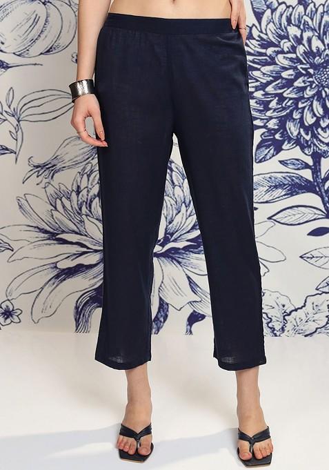 Navy Blue Navy Blue Sea Shell Button Mandarin Collar Pure Cotton Tunic With Trousers