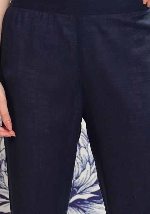 Navy Blue Navy Blue Sea Shell Button Mandarin Collar Pure Cotton Tunic With Trousers