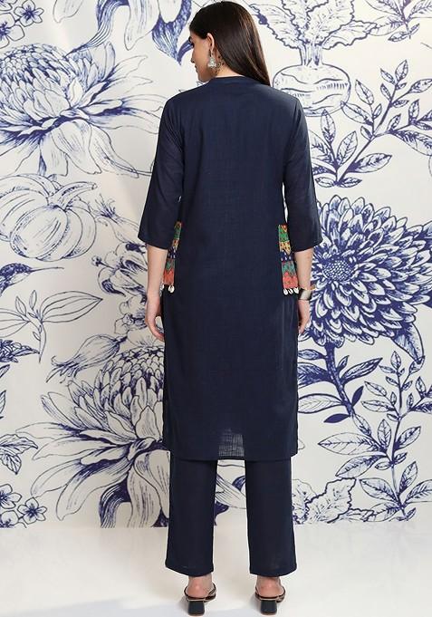 Navy Blue Navy Blue Sea Shell Button Mandarin Collar Pure Cotton Tunic With Trousers
