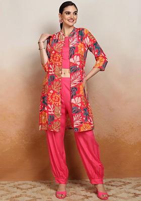 Pink Women Printed Crop Top And Pant With Jacket Coord Set