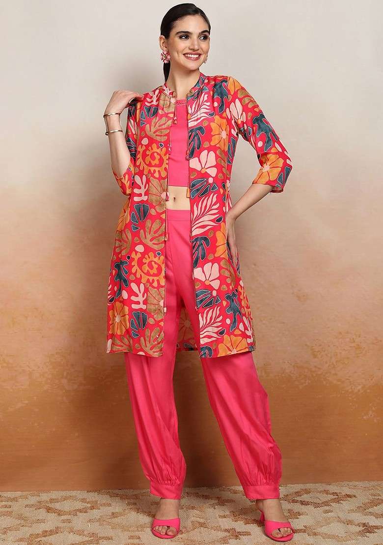 Pink Women Printed Crop Top And Pant With Jacket Coord Set - Indya