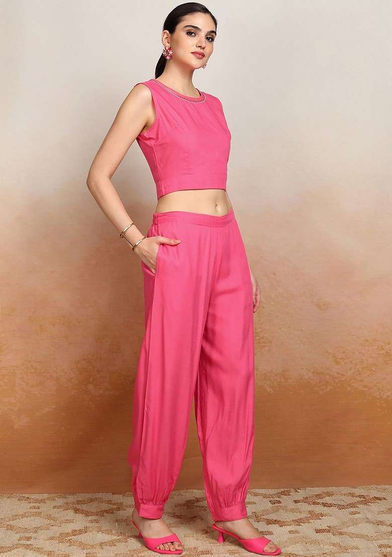 Pink Women Printed Crop Top And Pant With Jacket Coord Set - Indya