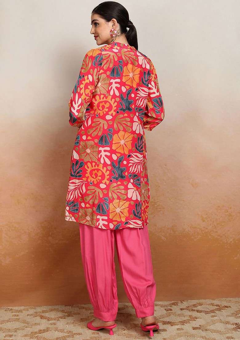 Pink Women Printed Crop Top And Pant With Jacket Coord Set - Indya