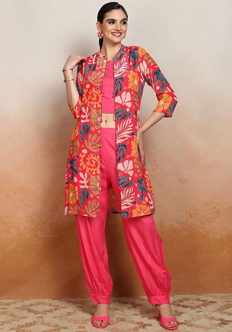 Pink Women Printed Crop Top And Pant With Jacket Coord Set