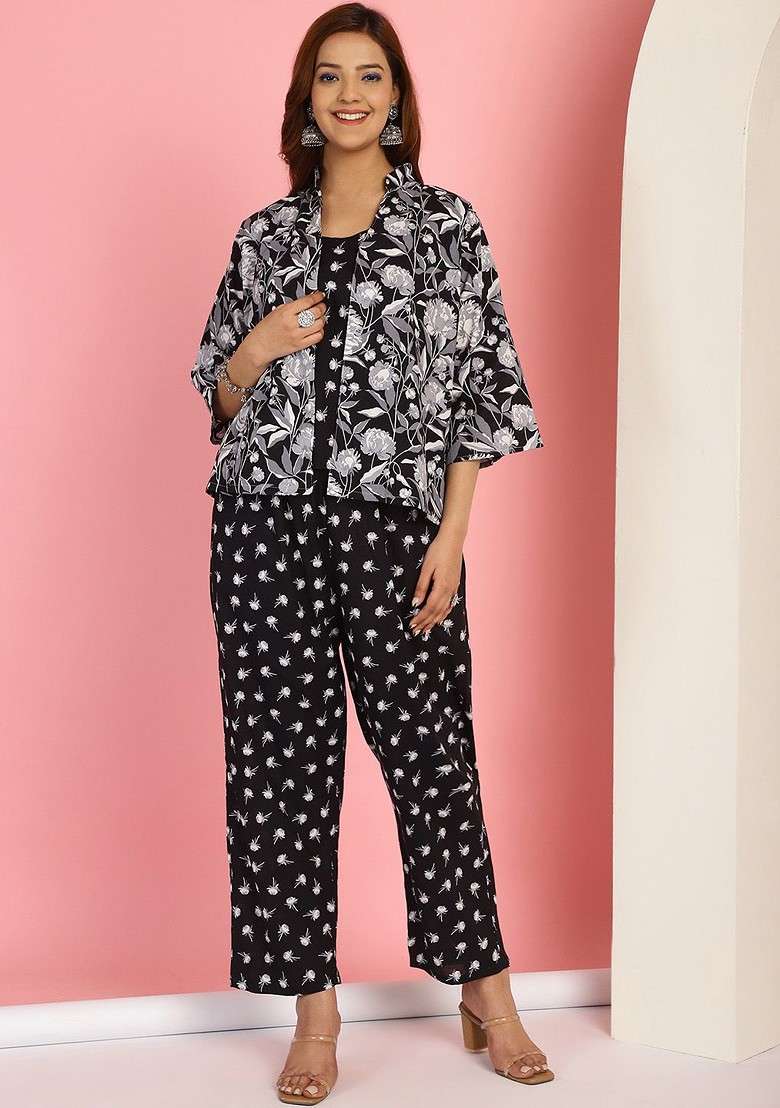 Black Floral Printed Cotton Slip And Shrug With Pant Set - Indya