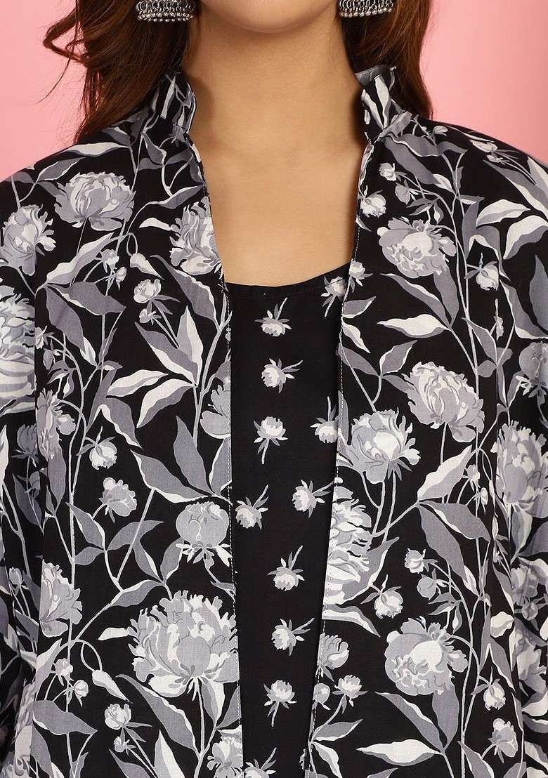 Black Floral Printed Cotton Slip And Shrug With Pant Set - Indya