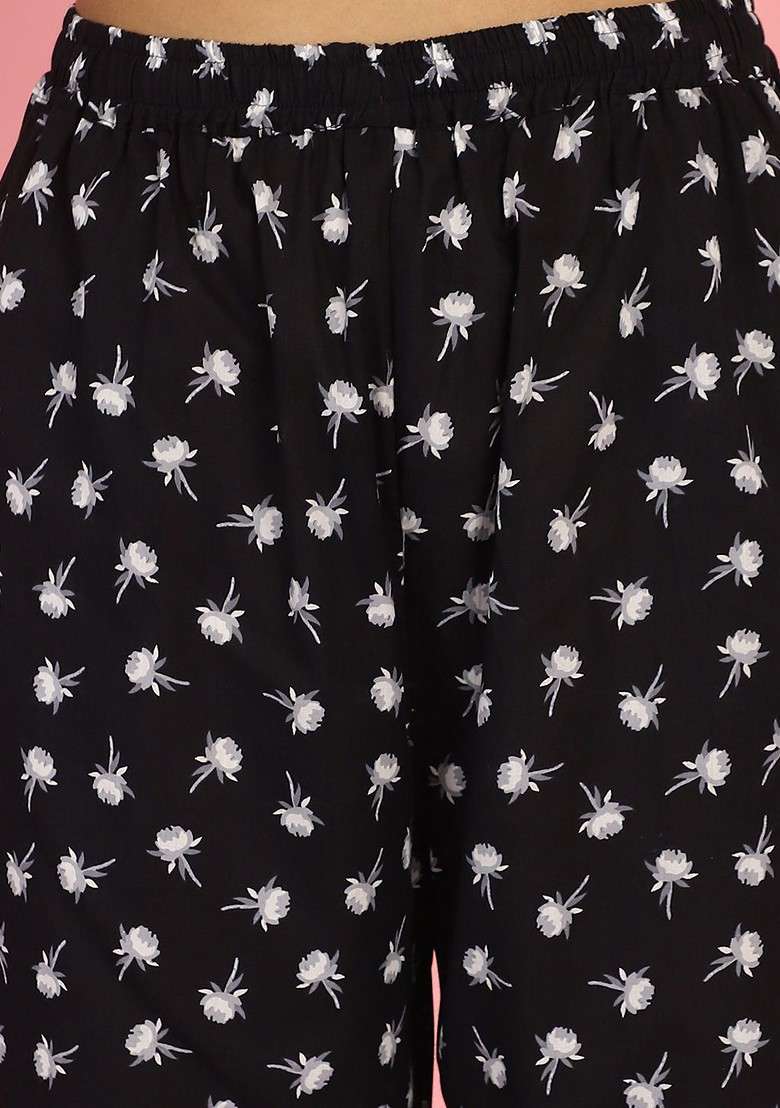Black Floral Printed Cotton Slip And Shrug With Pant Set - Indya