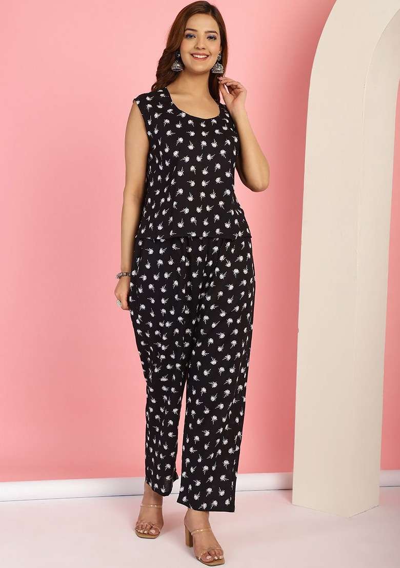 Black Floral Printed Cotton Slip And Shrug With Pant Set - Indya
