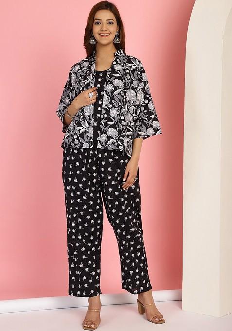 Black Floral Printed Cotton Slip And Shrug With Pant Set